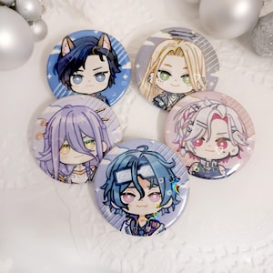 May include: A collection of five round anime-style character buttons. Each button features a different character with unique hair colors and facial expressions. The buttons are primarily blue, purple, and pink with detailed artwork.