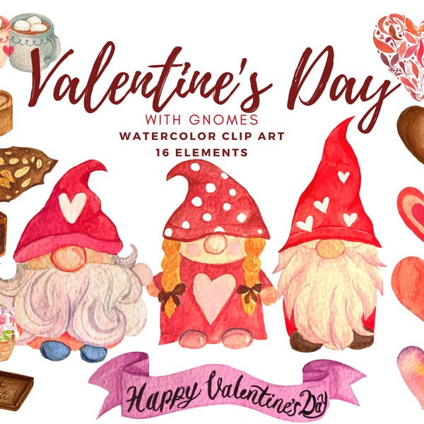 Happy Valentine's Day with Gnomes, Watercolor Clip Art, PNG, Love, Friendship, Printable Clipart, Chocolates, Heart Shape, Lovers, Couples