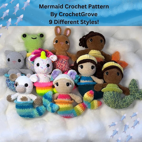 Mermaid Crochet Pattern, Low Sew Pattern, Unicorn Mermaid, Cat Mermaid. Bunny Mermaid, Cow Mermaid, Crochetgrove