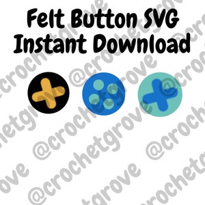 May include: Three felt button SVG designs. A black button with a yellow plus sign, a blue button with three teal dots, and a teal button with a blue plus sign.