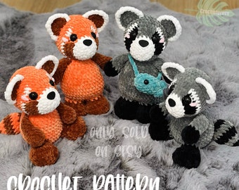 Raccoon and Red Panda Crochet Pattern crochet pattern, sitting, standing, Low sew crochet pattern