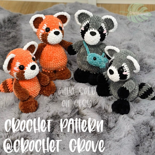 Raccoon and Red Panda Crochet Pattern crochet pattern, sitting, standing, Low sew crochet pattern