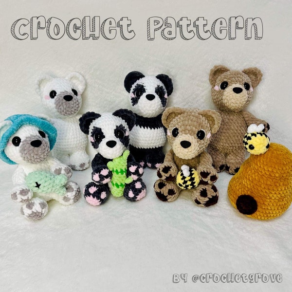 Crochet Bear pattern, Polar Bear, Panda Bear, Bee hive, Bucket Hat, Bamboo, Fish, Crochet Patterns, Amigurumi Crochet Pattern, Low Sew Croch