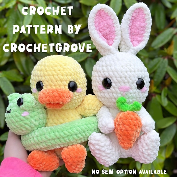 No Sew Crochet Duck And Bunny Pattern, Crochet Mallard, Crochet Duck Crochet bunny pattern, no sew bunny, low sew bunny, Crochetgrove