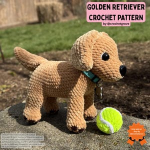 May include: A crocheted golden retriever dog with a blue collar and a tennis ball. The dog is light brown and has black eyes and nose. The image includes the text "GOLDEN RETRIEVER CROCHET PATTERN" and "by @crochetgrove".