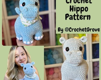 Hippo crochet pattern, low sew pattern, crochetgrove