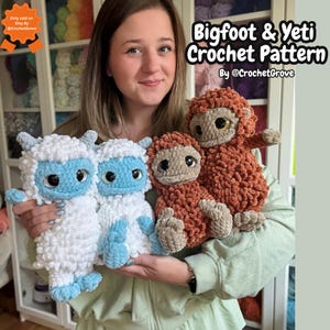 May include: A woman holds four handmade crochet Bigfoot and Yeti plush toys. Two are white and blue, and two are brown and tan. The text "Bigfoot & Yeti Crochet Pattern" is displayed above the toys.