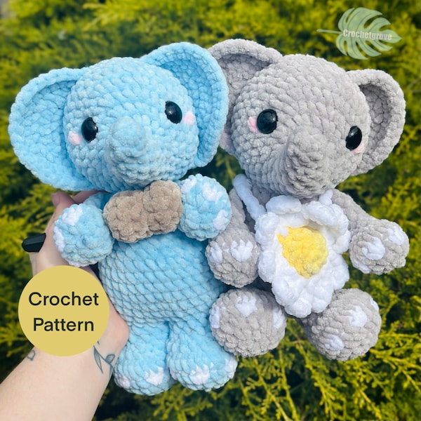 Elephant Crochet Pattern Häkelanleitung, sitzender Elefant, stehender Elefant, ohne nähen Gänseblümchen und Erdnuss.