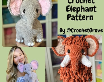 Elephant crochet pattern, low sew pattern, crochetgrove