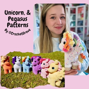 May include: A woman holds a crocheted unicorn with rainbow yarn and sprinkles.  She is surrounded by a line of crocheted unicorns and pegasi in various colors.  The text "Unicorn, & Pegasus Patterns by @CrochetGrove" is in the top left corner.