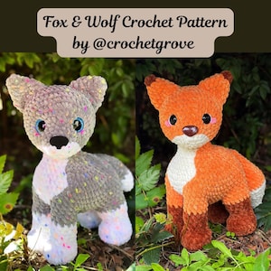 Fox and Wolf crochet pattern, low sew pattern, crochetgrove