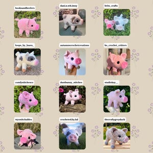 Op de afbeelding: Een verzameling gehaakte varkensbeeldjes in verschillende kleuren en patronen. Elk varkentje heeft een uniek ontwerp, sommige met vlekken, andere in effen roze of grijs. De afbeelding toont een verscheidenheid aan handgemaakte amigurumi-varkens.