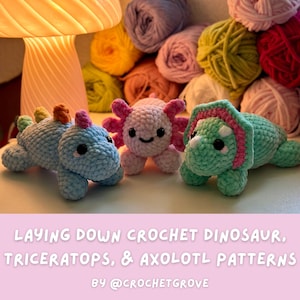 Dinosaure allongé, tricératops et axolotl, patron de couture basse, crochetgrove