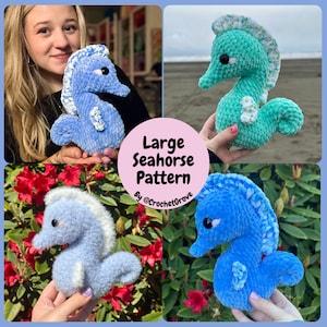 May include: A crochet pattern for a large seahorse, available in blue, light blue, and green. The pattern is called "Large Seahorse Pattern" by @CrochetGrove.
