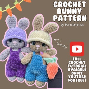 Crochet Pattern: Adorable Bunny in Overalls & Hat – Low-Sew Design by Crochet Grove