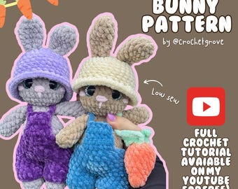 Crochet Pattern: Adorable Bunny in Overalls & Hat – Low-Sew Design by Crochet Grove