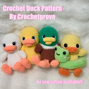 May include: Four crocheted stuffed animals: a white duck, a yellow duck, a green duck, and a yellow duck with a green inner tube. The ducks have black eyes and orange beaks. The green duck has brown feathers. The text "No sew option available!!" is at the bottom of the image.