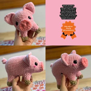 Op de afbeelding: Een handgemaakt roze gehaakt varken met zwarte ogen, een roze snuit en bruine hoeven. Het varken wordt in meerdere aanzichten getoond. De tekst op de afbeelding luidt "CROCHET PATTERN BY CROCHETGROVE" en "Only sold on Etsy By @CrochetGrove."