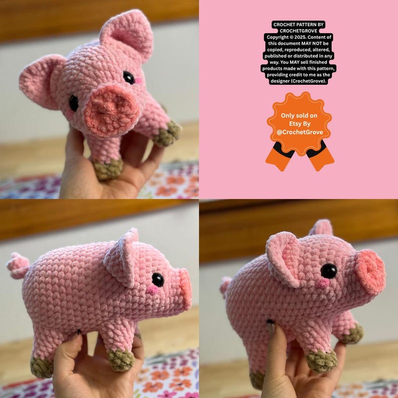 Op de afbeelding: Een handgemaakt roze gehaakt varken met zwarte ogen, een roze snuit en bruine hoeven. Het varken wordt in meerdere aanzichten getoond. De tekst op de afbeelding luidt "CROCHET PATTERN BY CROCHETGROVE" en "Only sold on Etsy By @CrochetGrove."