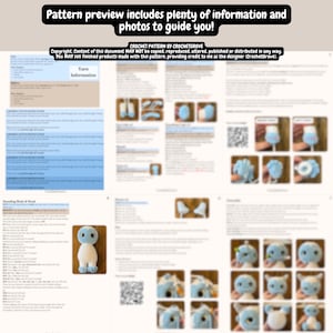 May include: A crochet pattern preview with text that reads "Pattern preview includes plenty of information and photos to guide you!" and "CROCHET PATTERN BY CROCHETGROVE". The pattern includes photos and instructions for a crochet project.