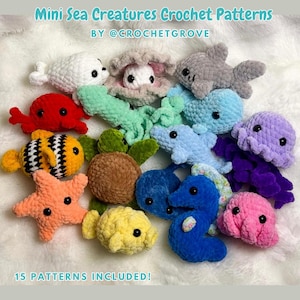 Puede incluir: Una colección de 15 patrones de crochet para amigurumis de criaturas marinas. Los patrones incluyen una foca, una almeja, un tiburón, un pulpo, una estrella de mar, un caballito de mar, una tortuga, un cangrejo y más.  ¡15 PATRONES INCLUIDOS!