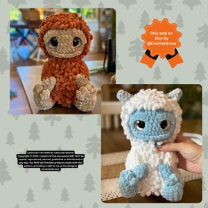 May include: Two handmade crochet plush toys. One is orange and tan, the other is white and blue. The orange toy has a furry texture and large eyes. The white and blue toy has a furry texture, large eyes, and small horns. The image includes text that says "CROCHET PATTERN BY CROCHETGROVE" and "Only sold on Etsy By @CrochetGrove."