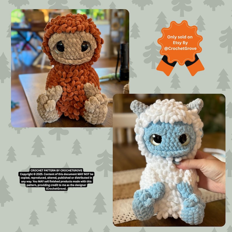 May include: Two handmade crochet plush toys. One is orange and tan, the other is white and blue. The orange toy has a furry texture and large eyes. The white and blue toy has a furry texture, large eyes, and small horns. The image includes text that says "CROCHET PATTERN BY CROCHETGROVE" and "Only sold on Etsy By @CrochetGrove."