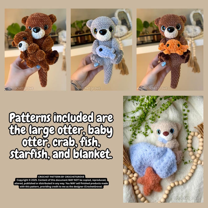 May include: A collection of crocheted otter plushies in various colors, including brown and gray. One otter holds a small fish, another a crab, and a third is paired with a baby otter. The image also shows a starfish and a blanket.