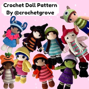 May include: A collection of 11 crocheted dolls in various colors and costumes, including a witch, a monster, a pumpkin, and a Stitch character. The dolls are all handmade and have a cute, whimsical style. Crochet Doll Pattern By @crochetgrove