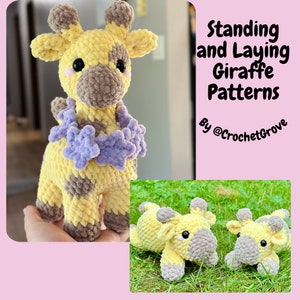 May include: Crochet giraffe pattern instructions. The pattern includes instructions for making a standing and a laying giraffe. The giraffes are crocheted in yellow and brown yarn with purple accents.