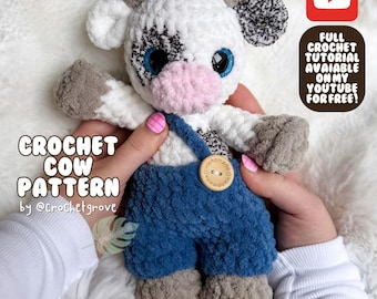Crochet Pattern: Adorable Cow in Overalls  – Low-Sew Design by Crochet Grove