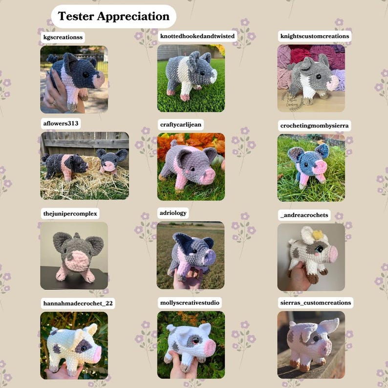 Op de afbeelding: Een collage van gehaakte varkensbeeldjes in verschillende kleuren en stijlen. De handgemaakte varkens hebben details zoals roze snuiten, oren en hoeven. De tekst "Tester Appreciation" staat bovenaan, met Etsy shopnamen eronder.