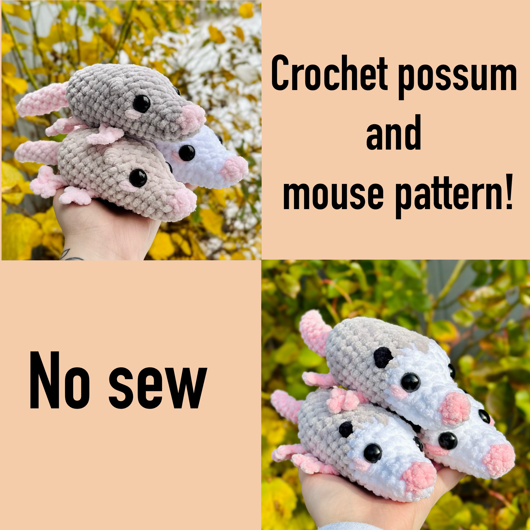 Crochet no sew possum and mouse pattern