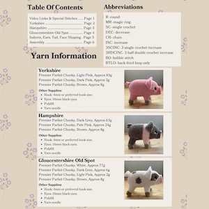 Op de afbeelding: Een pagina uit een knutselboek met haakpatronen voor varkens. De patronen omvatten Yorkshire, Hampshire en Gloucestershire Old Spot varkens, met gareninformatie en afkortingen.