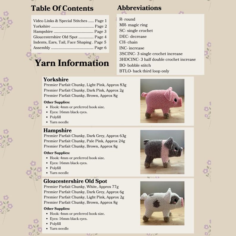 Op de afbeelding: Een pagina uit een knutselboek met haakpatronen voor varkens. De patronen omvatten Yorkshire, Hampshire en Gloucestershire Old Spot varkens, met gareninformatie en afkortingen.