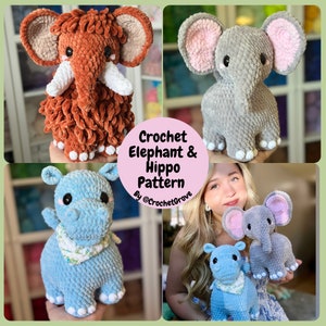 Op de afbeelding: Haakpatroon voor een pluche olifant en nijlpaard. Het patroon is van @CrochetGrove. De afbeelding toont een bruine wolharige mammoet olifant, een grijze olifant, een blauwe nijlpaard en een vrouw die een grijze olifant en een blauwe nijlpaard vasthoudt.