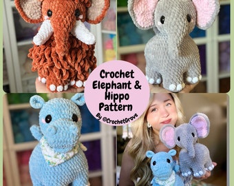 Hippo and elephant crochet pattern, low sew pattern, crochetgrove