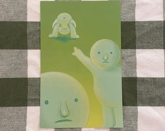 May include: A green background with two pale blue figures. The figure on the left is facing the viewer with a sad expression. The figure on the right is facing away from the viewer and has its arms outstretched.