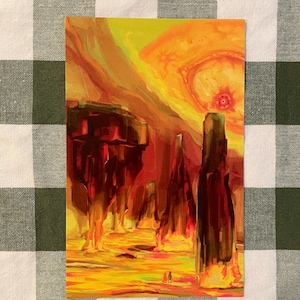 May include: A digital painting depicting a fiery landscape with tall, red rock formations and a bright yellow sun in the sky. Two small figures stand in the foreground.