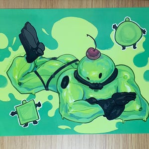 Può includere: Una stampa artistica rettangolare raffigurante un grande personaggio di slime verde traslucido e muscoloso con una ciliegia sulla testa, che indossa guanti e cinghie neri. Due figure di slime più piccole, una quadrata e una rotonda, appaiono negli angoli.