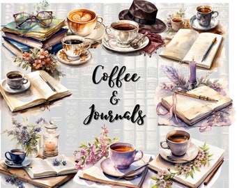 Coffee and Journal Clip Art Set - 10 PNG Files, Sublimation Ready, High Resolution, DIY Design, Scrapbooking, Planner Accessories