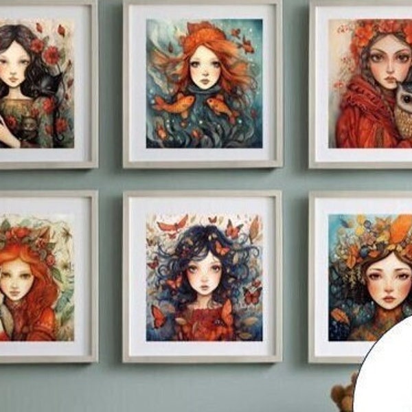 Dreamy Fairytale Girl Art Series, Solo or with Animal Companion, High-Quality 300 DPI PNG, Ideal for Gallery Wall Decor or Unique Gift