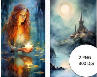 Avalon and The Lady of the Lake Wall Art - Set of 2 Digital Watercolor Prints - High-Resolution PNG Files, instant download