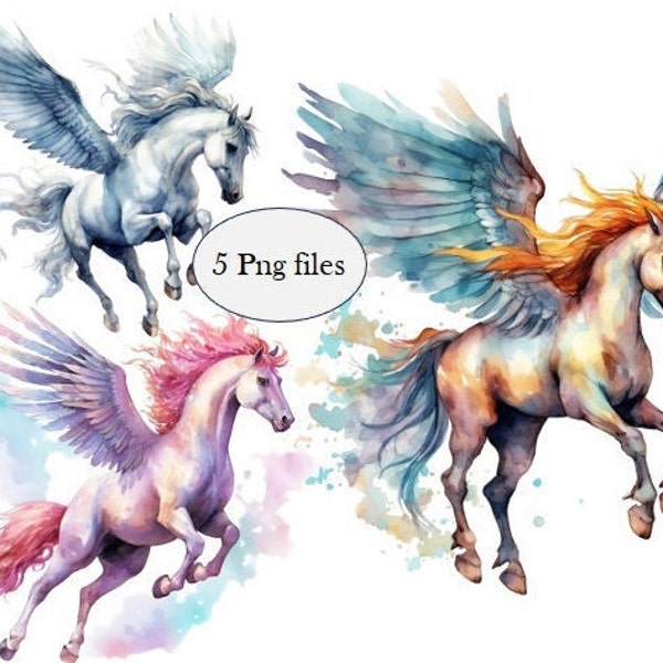 Watercolor Pegasus Clipart - Set of 5 Mythical Creatures PNG Files - High Resolution 300 DPI - Ideal for Sublimation and Design Projects