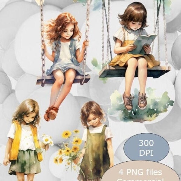 Watercolor Clipart Whimsical : Little Girls Rocking, Reading, and Flower Picking PNG files 300 Dpi - Sublimation design download