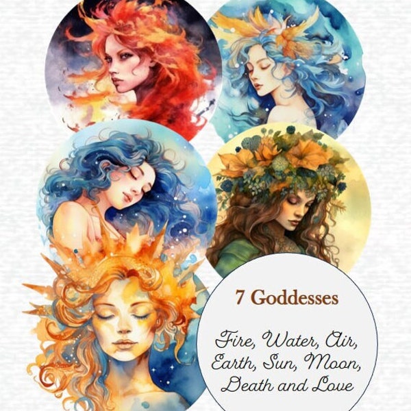 Goddess Elements PNG Bundle - 8 Divine Designs: Fire, Water, Earth, Air, Love, Death, Sun and Moon - 300 dpi