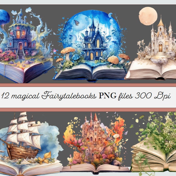 Magical Fairytale Books Clipart Bundle of 12 Etheral Clipart Imagery PNG high resolution digital free Commercial Use