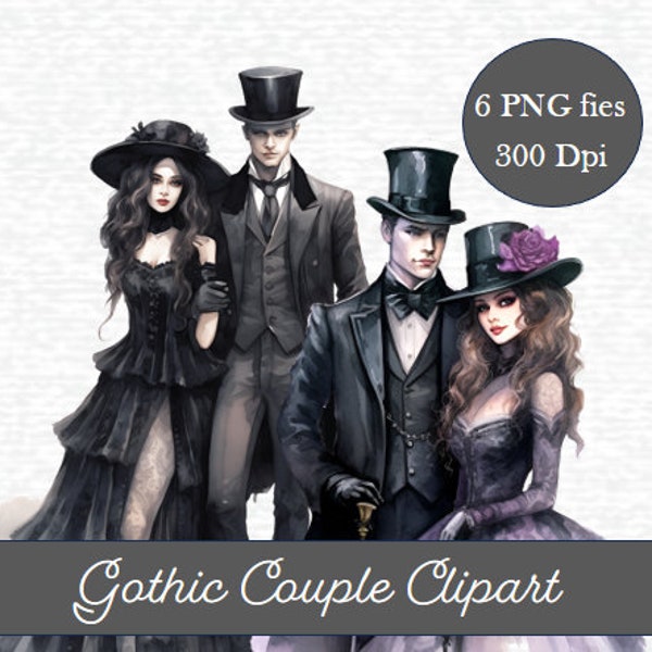 Gothic Clipart Couples in Formal Dress - High-Resolution PNG Files - AI Upscaled, Perfect for Invitations, Scrapbooking, and More