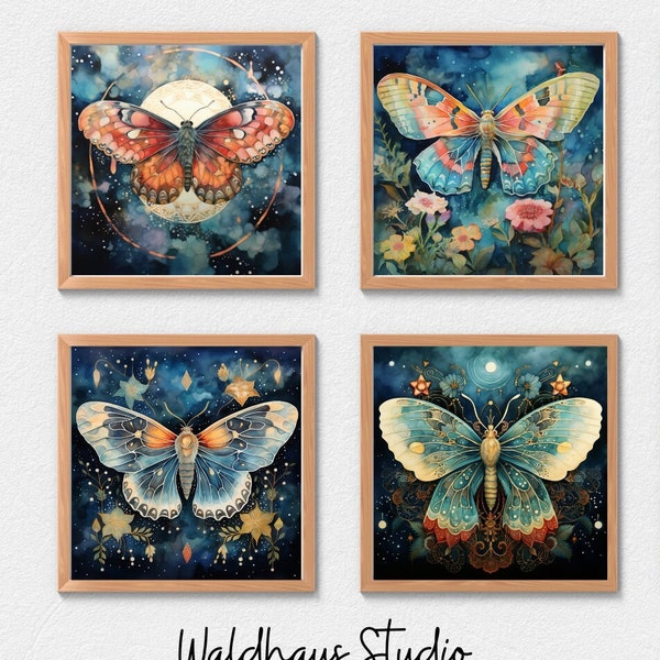 Boho Watercolor Moth with Ornate Flowers Art Prints Set