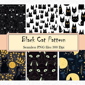Spooky Black Cat Seamless Patterns Perfect for Halloween Craft Projects, Digital Scrapbooking - High-Resolution PNG Files